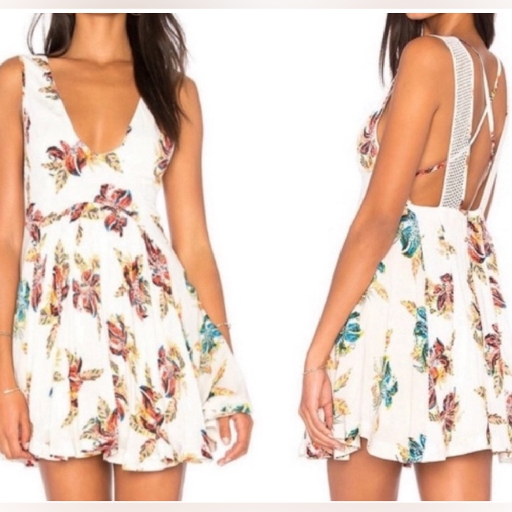 FREE PEOPLE Mini Dress Long Top Medium THOUGHT I WAS DREAMING FLORAL Ivory Lined